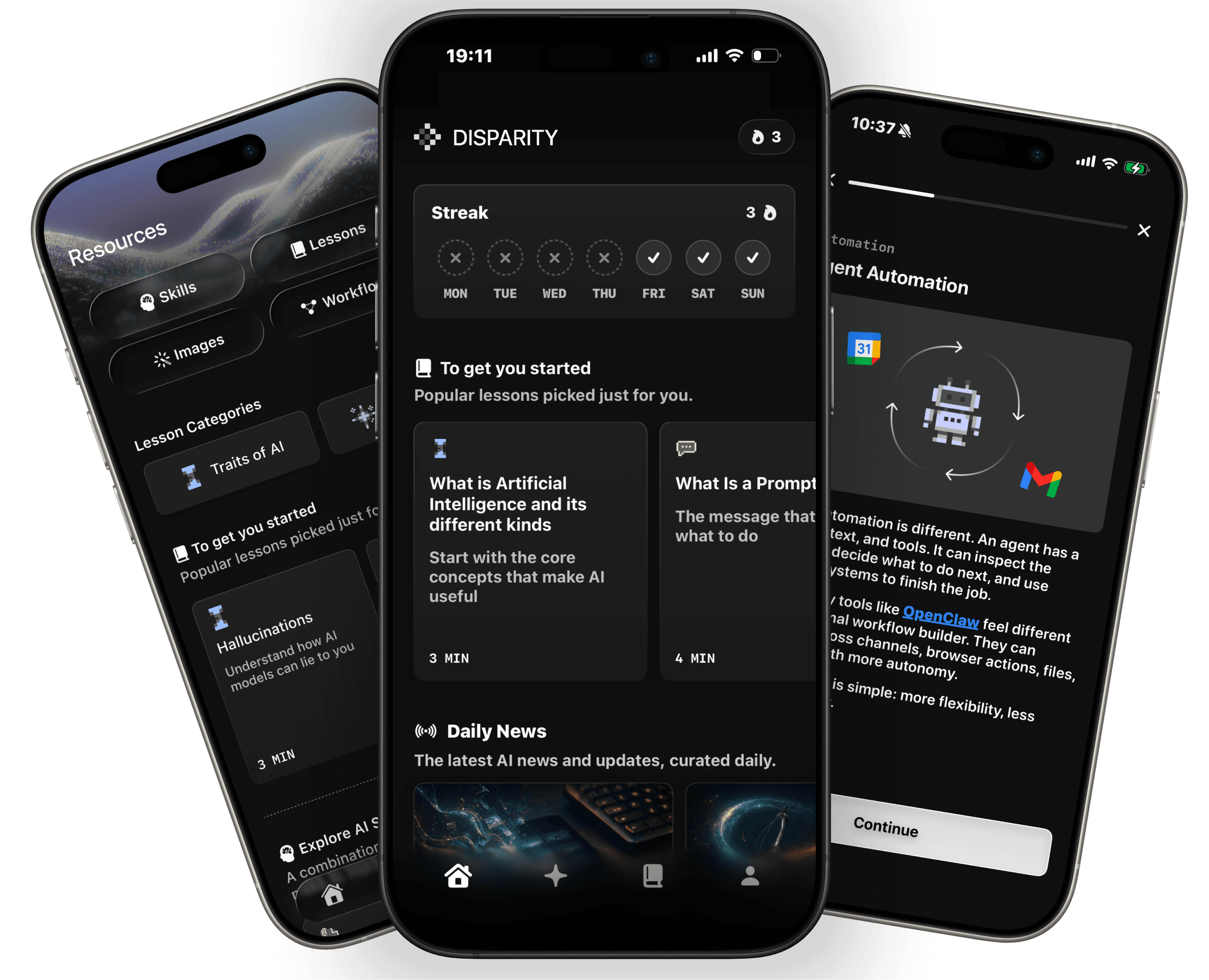 Disparity app screens showing resources, daily news, and lessons